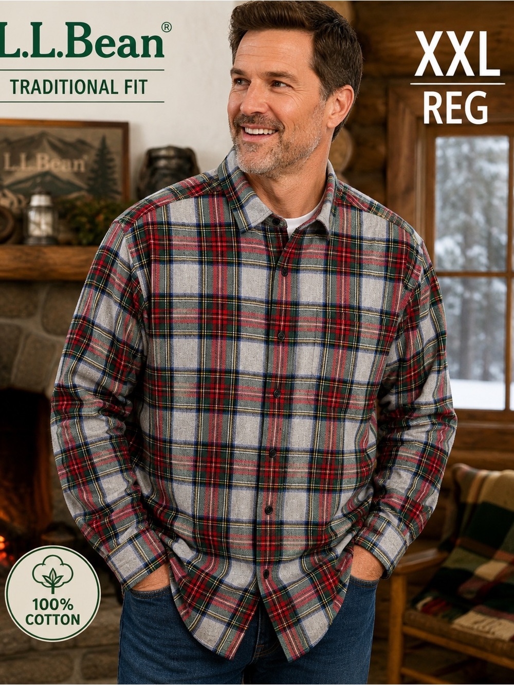 L.L.Bean Men’s XXL REG Flannel Shirt Red Green Plaid Traditional Fit Cotton